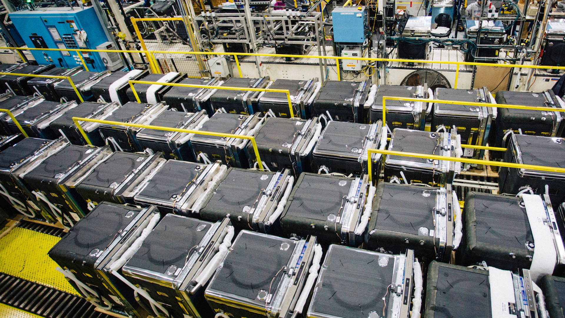 aerial view of appliances on a manufacturing line