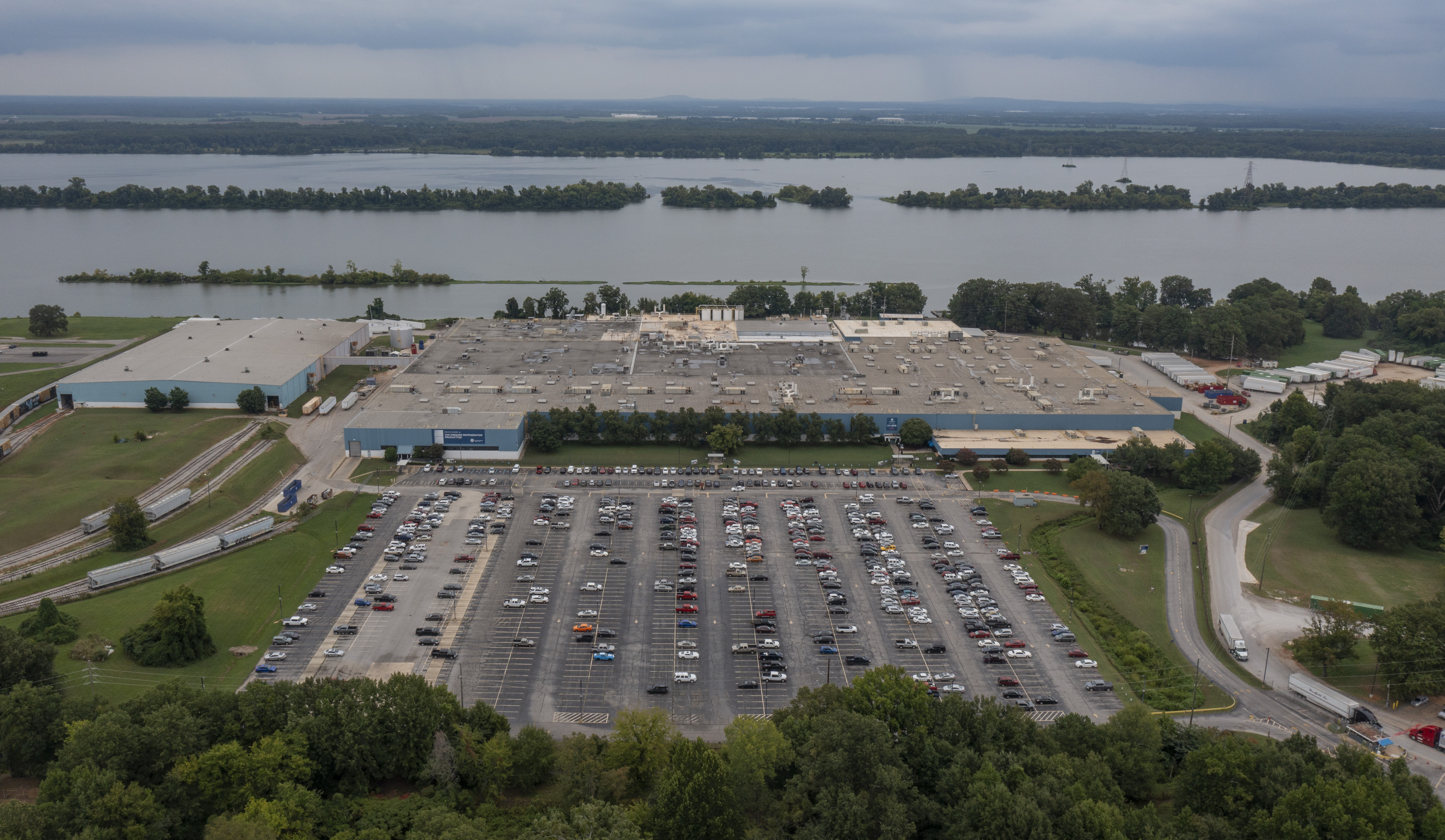 Arial drone shot of GE Appliances upgraded Decatur Production Operation (DPO) in Alabama, featuring a new on-site healthcare clinic, free for its employees and families.